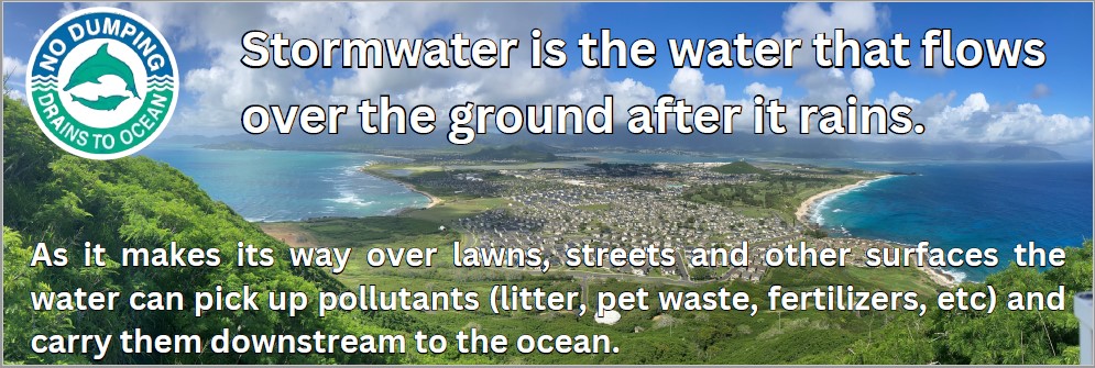 No Dumping. Drains to ocean. Stormwater is the water that flows over the ground after it rains. As it makes its way over lawns, streets and other surfaces the water can pick up pollutants (litter, pet waster, fertilizers, etc.) and carry them downstream to the ocean.